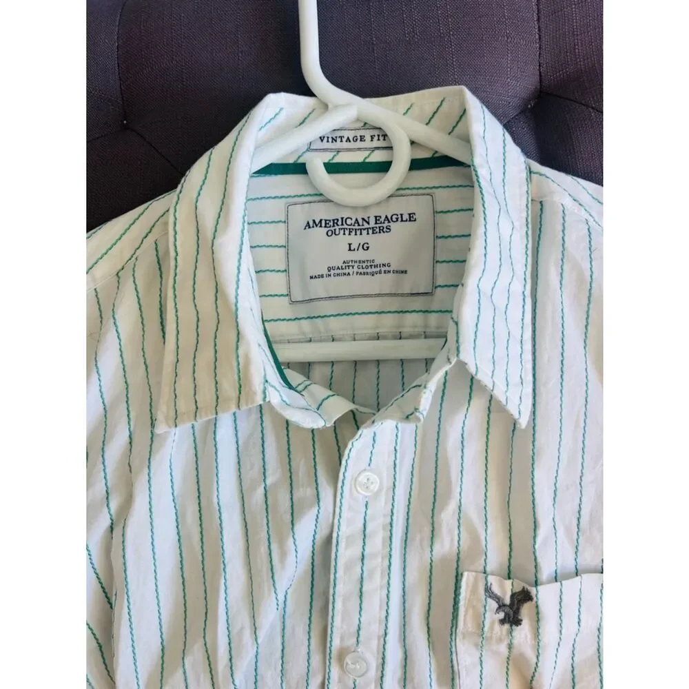 American Eagle Outfitters Men’s White Button-Up Shirt with Green Stripe!